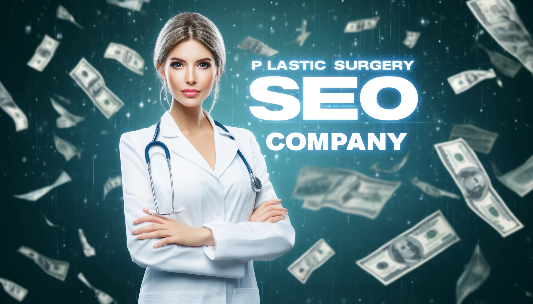 AI Image - Plastic Surgery SEO Company - Female Surgeon with cash raining down.