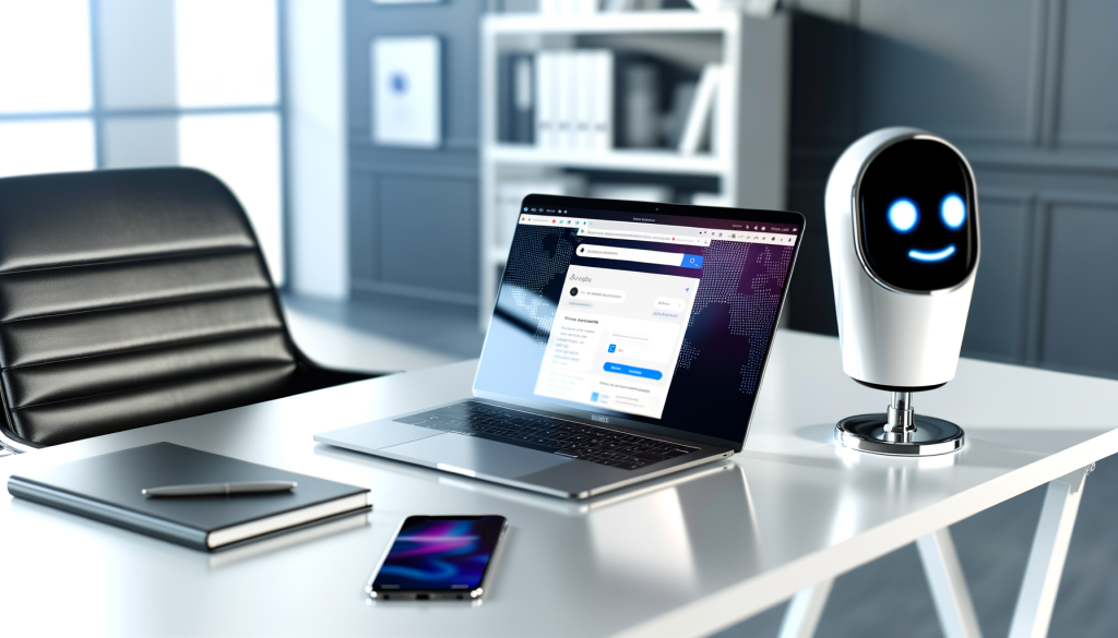 Modern desk with laptop showing an AI search interface + friendly AI robot — ideal for the AI/future section
