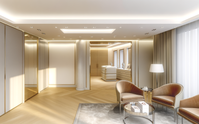 Elegant, upscale plastic surgery clinic waiting area — warm tones, modern luxury feel