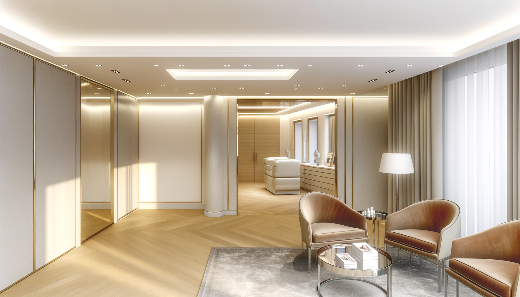Elegant, upscale plastic surgery clinic waiting area — warm tones, modern luxury feel