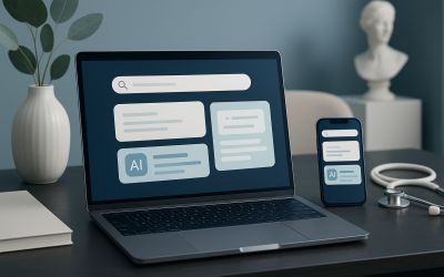 Consulting desk with laptop and phone showing abstract AI search results and a stethoscope