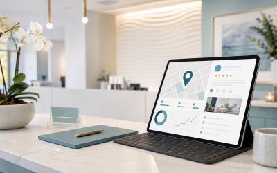 Laptop showing a local map and business profile interface in a modern plastic surgery office reception area