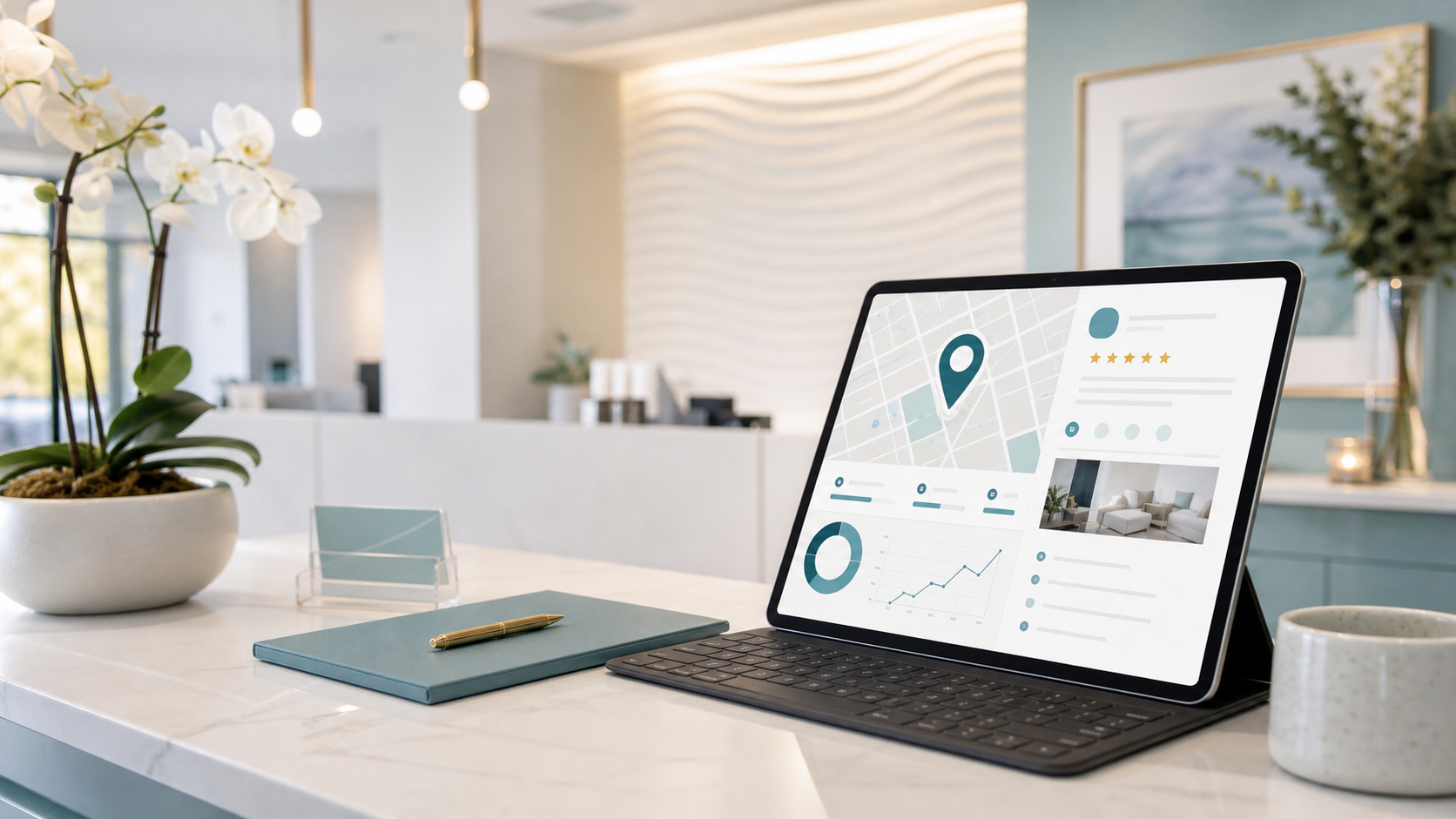 Laptop showing a local map and business profile interface in a modern plastic surgery office reception area