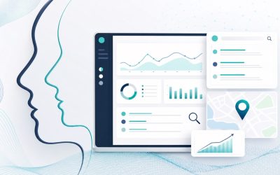 Abstract healthcare marketing dashboard with search results, charts, map pin, and facial profile contour for rhinoplasty SEO strategy