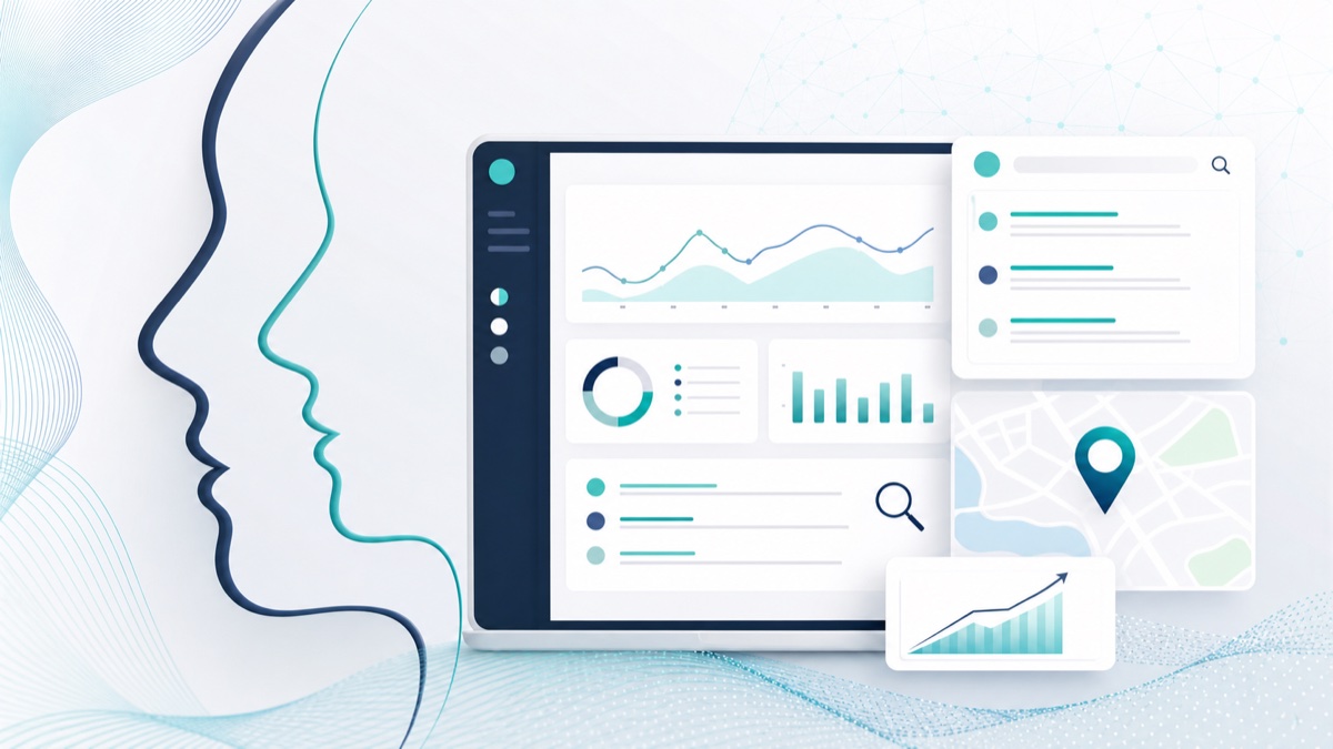 Abstract healthcare marketing dashboard with search results, charts, map pin, and facial profile contour for rhinoplasty SEO strategy