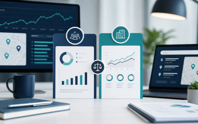 Abstract healthcare marketing analytics dashboard comparing in-house SEO and agency support for a plastic surgery practice