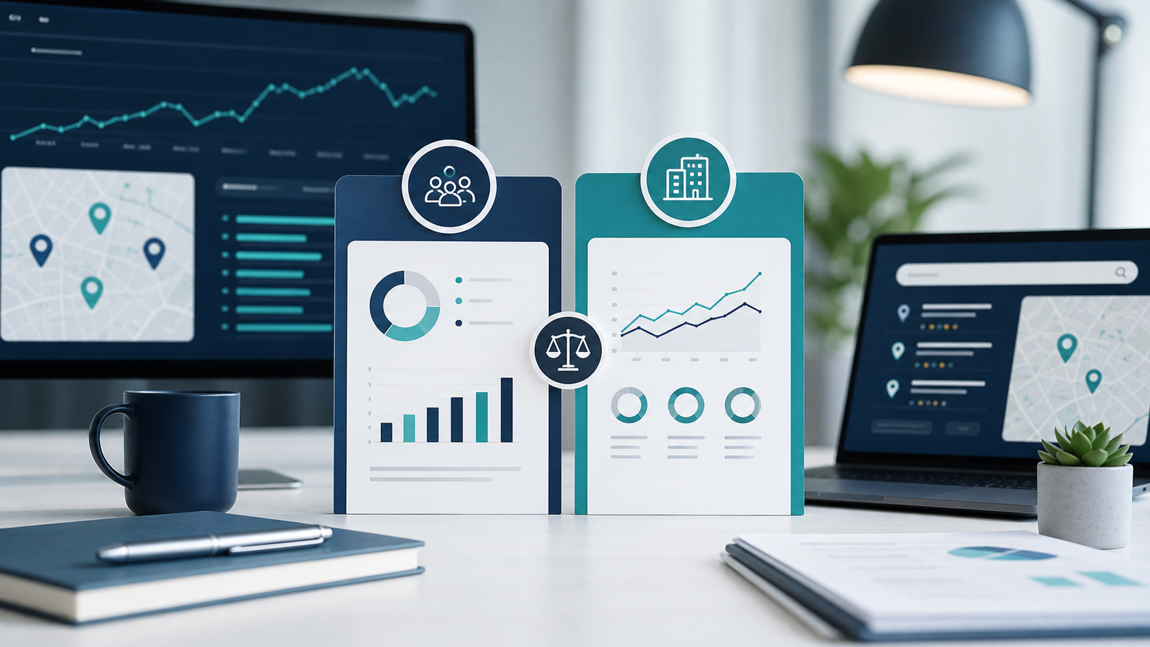 Abstract healthcare marketing analytics dashboard comparing in-house SEO and agency support for a plastic surgery practice