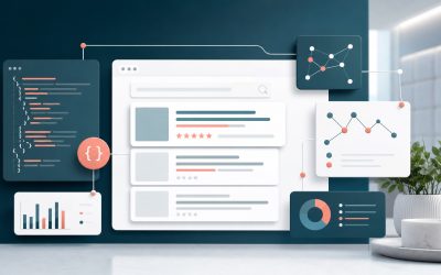 Abstract healthcare SEO dashboard with structured data nodes and search result cards for schema markup