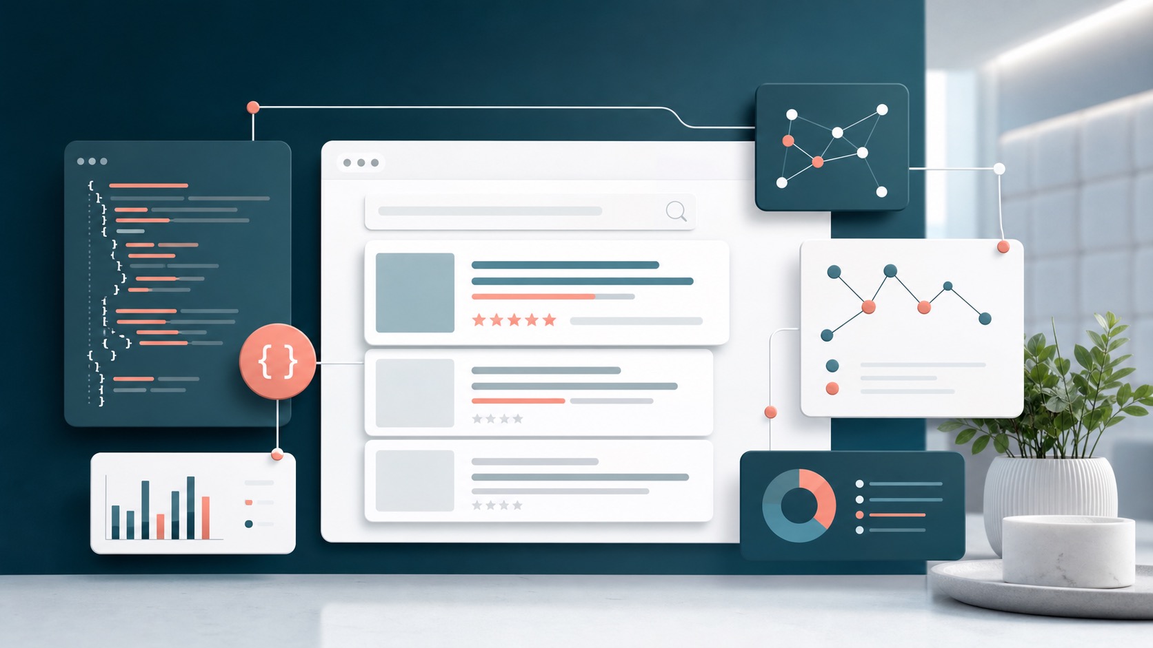 Abstract healthcare SEO dashboard with structured data nodes and search result cards for schema markup