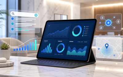 Tablet showing marketing analytics charts, AI citation nodes, search cards, and a local map interface in a modern medical office