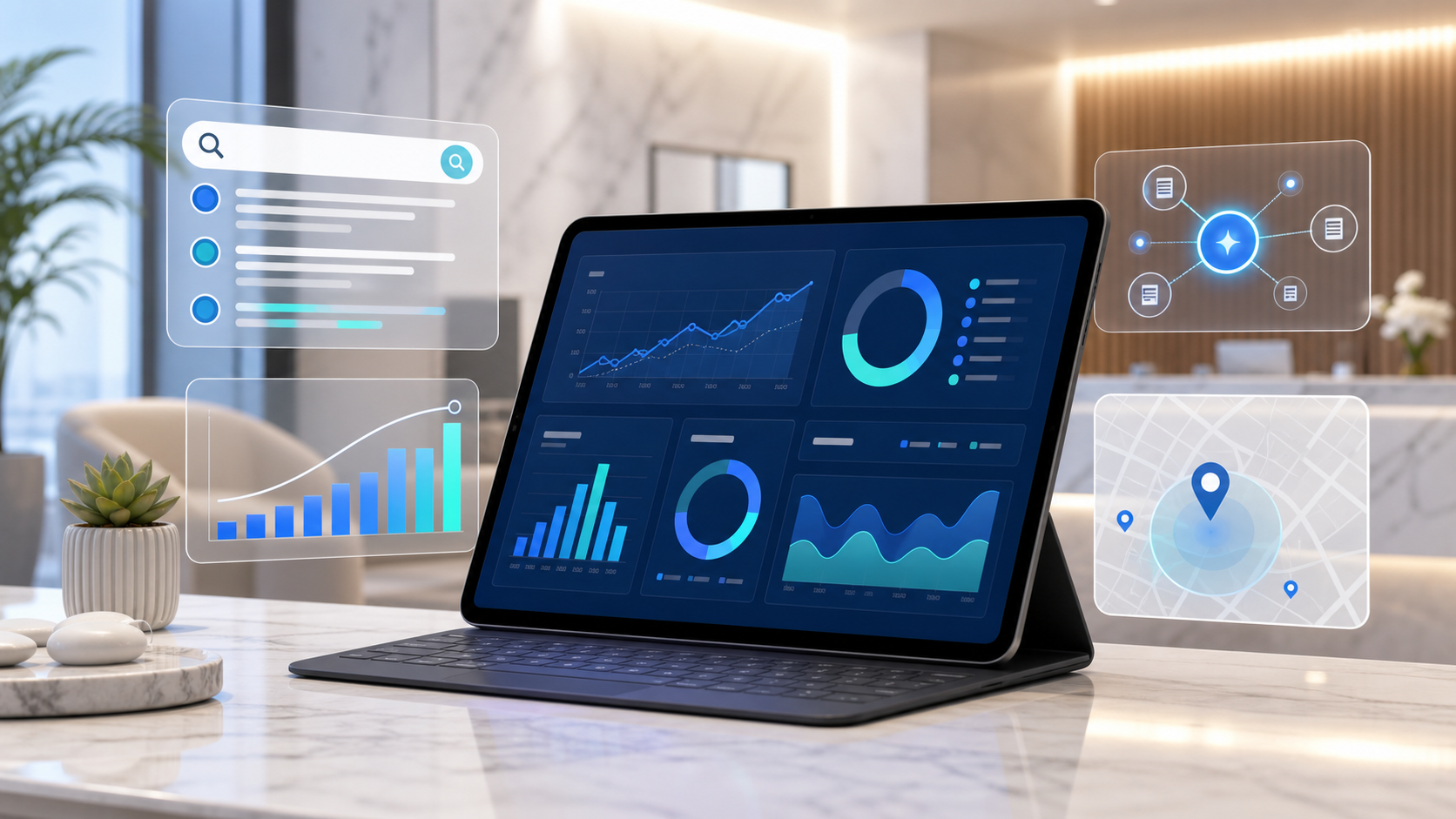Tablet showing marketing analytics charts, AI citation nodes, search cards, and a local map interface in a modern medical office