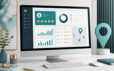Abstract review management dashboard with star ratings and local search elements on a modern desktop workspace