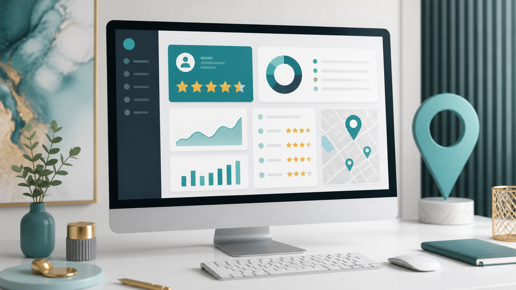 Abstract review management dashboard with star ratings and local search elements on a modern desktop workspace